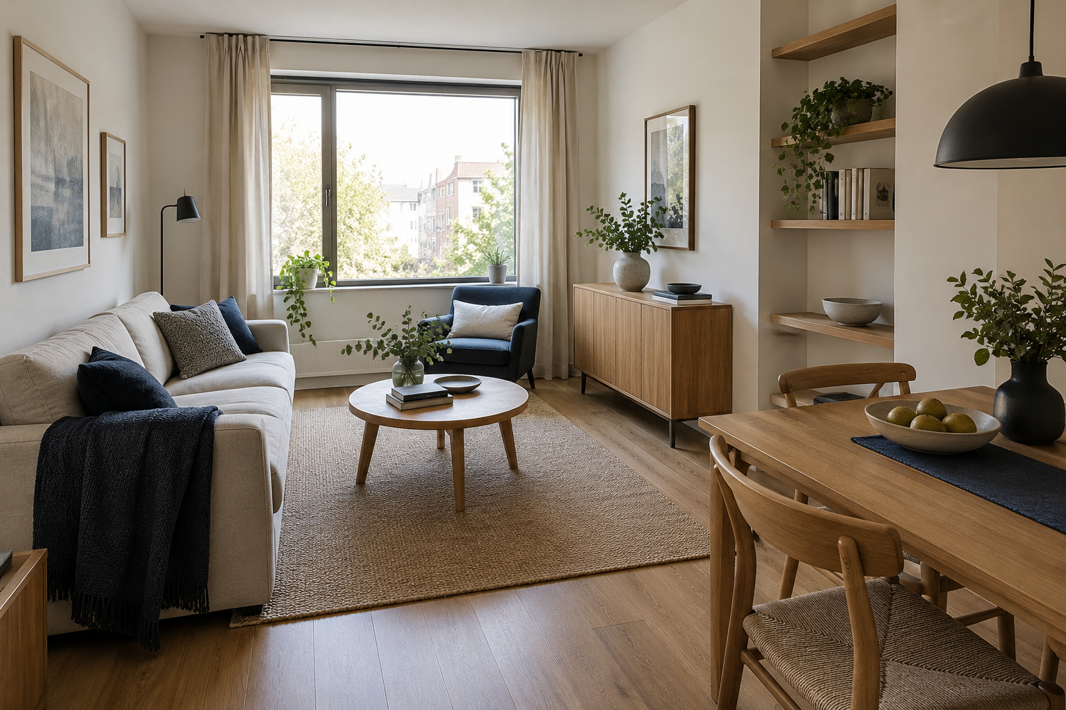 Compact apartment living and dining area arranged with clear walking space and closed storage