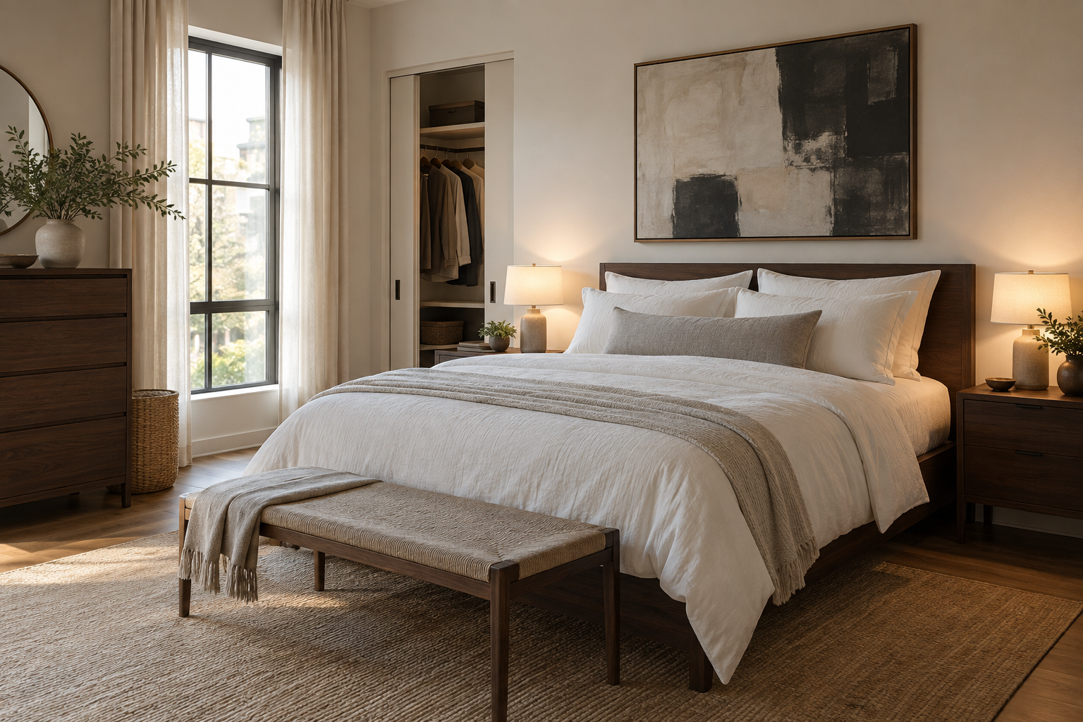 Calm modern bedroom with layered bedding, dark wood, and useful bedside lighting