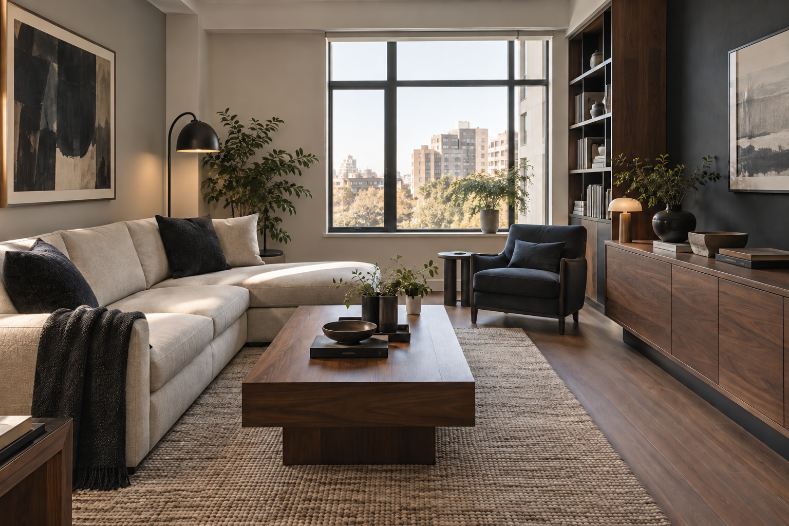 Modern apartment living room with a clean-lined sofa, warm wood, practical storage, and restrained dark accents